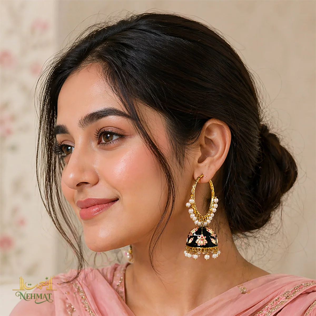 NEHMAT Black Enamel Pearl Jhumka Earrings for Women
