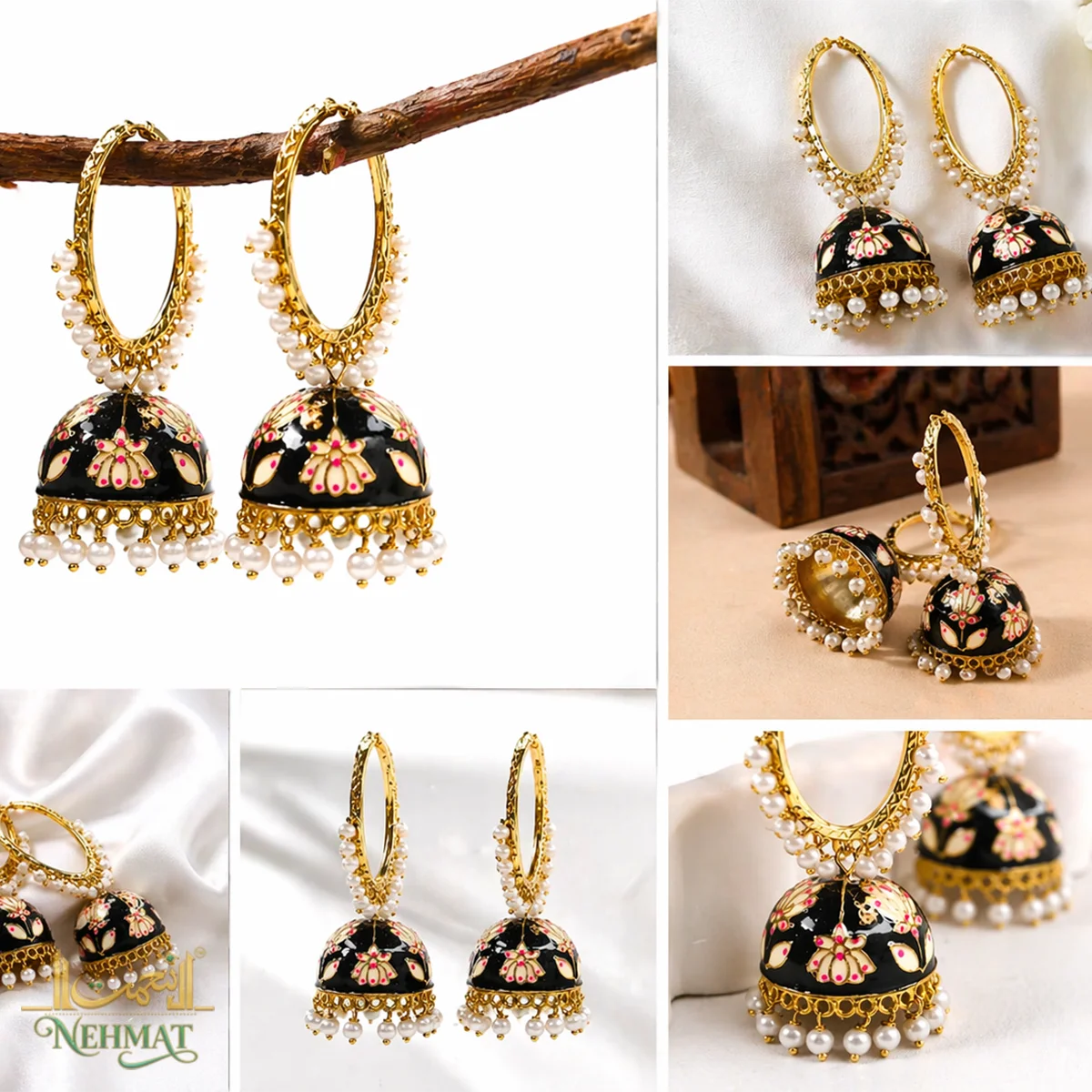 NEHMAT Black Enamel Pearl Jhumka Earrings for Women