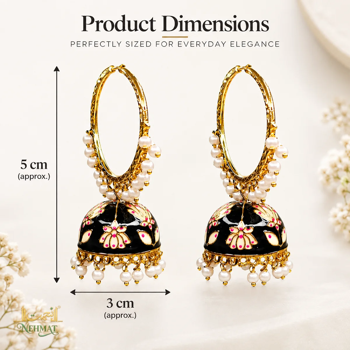 NEHMAT Black Enamel Pearl Jhumka Earrings for Women