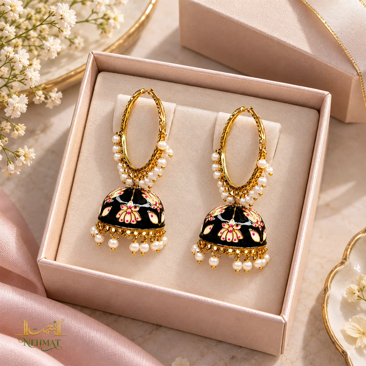 NEHMAT Black Enamel Pearl Jhumka Earrings for Women