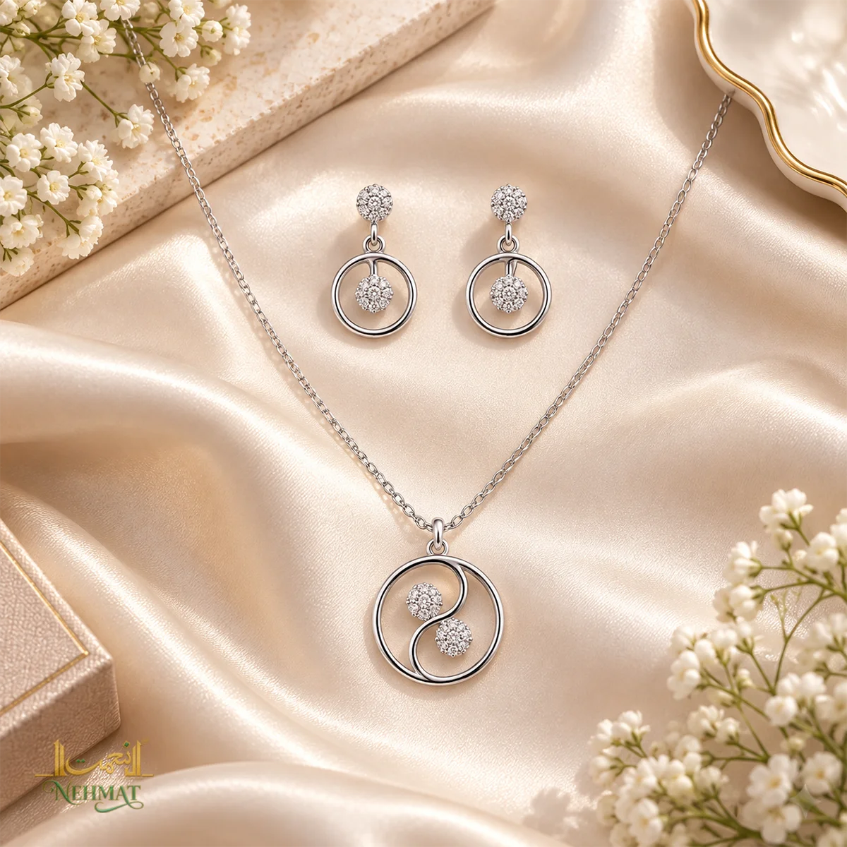 NEHMAT Silver Tone Circular Pendant Necklace & Earrings Set for Women