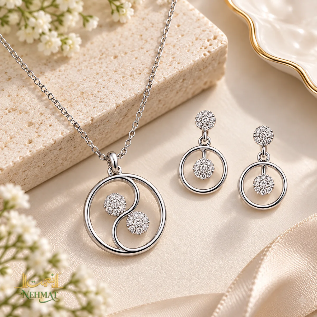 NEHMAT Silver Tone Circular Pendant Necklace & Earrings Set for Women