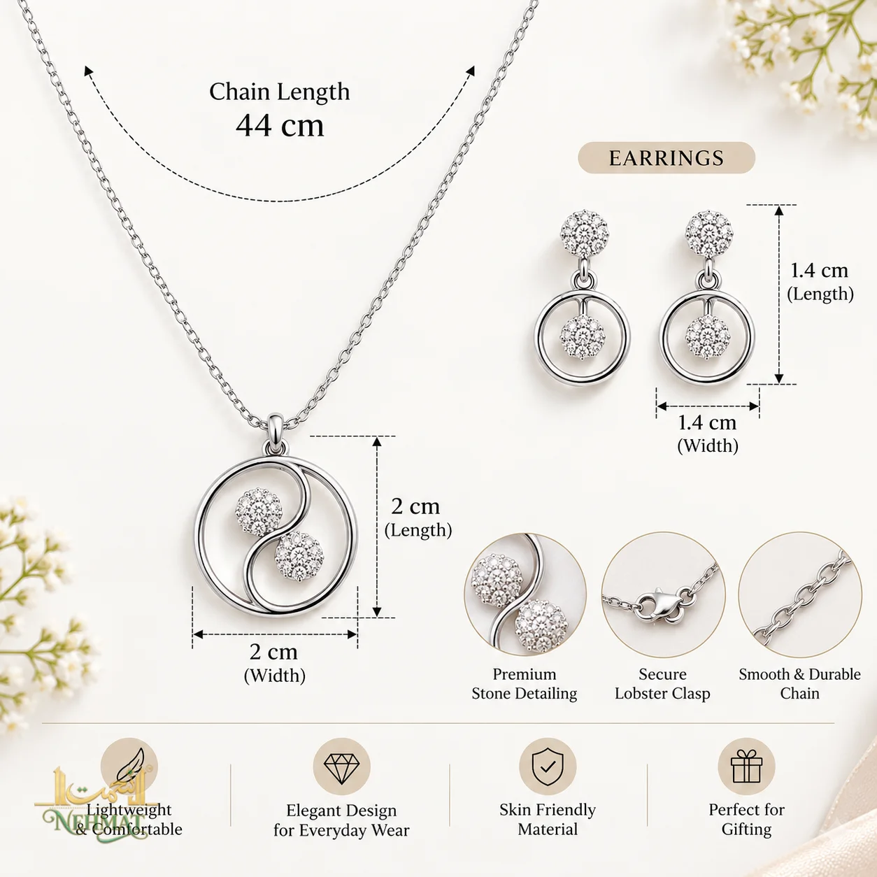 NEHMAT Silver Tone Circular Pendant Necklace & Earrings Set for Women