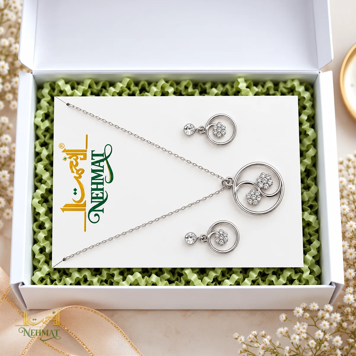 NEHMAT Silver Tone Circular Pendant Necklace & Earrings Set for Women