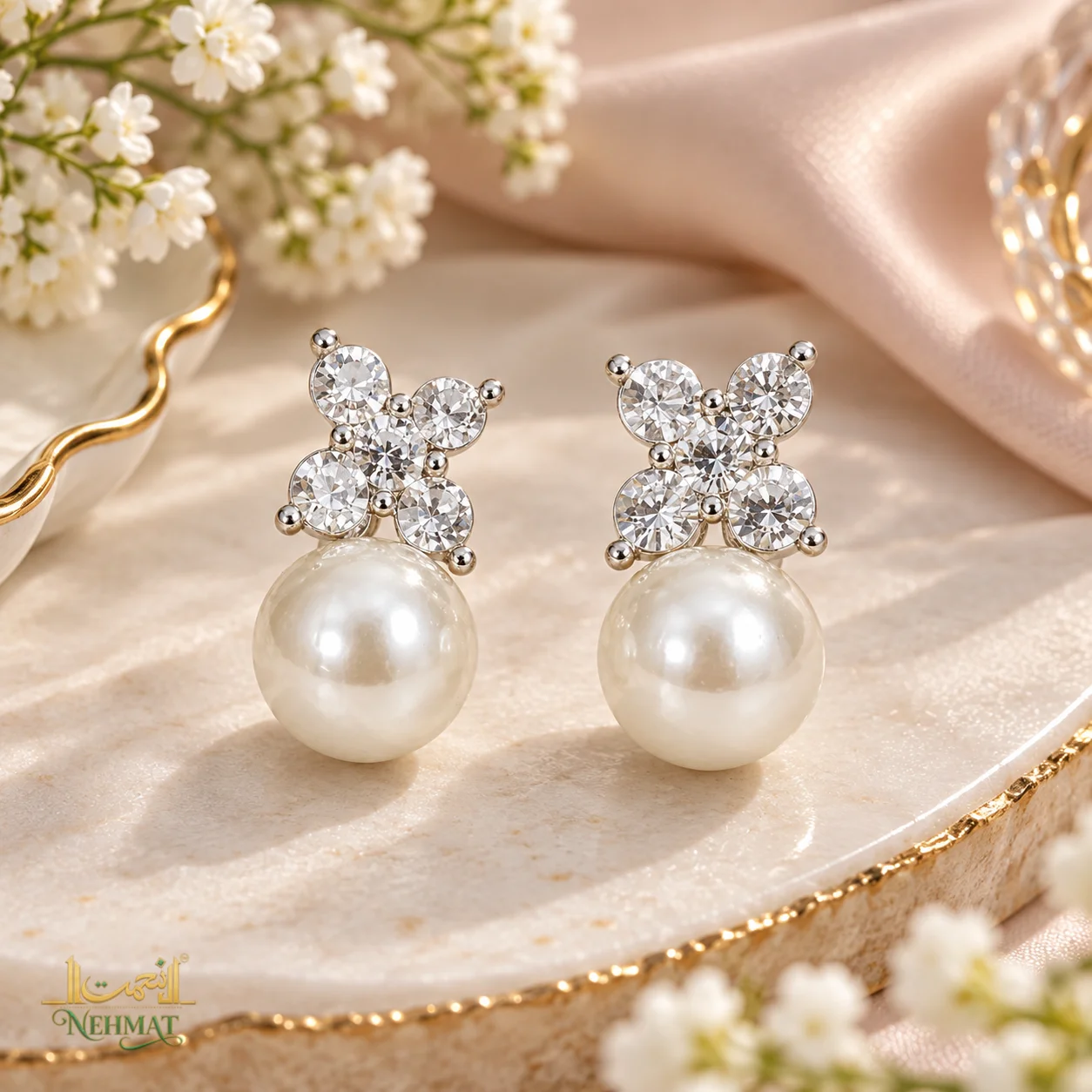 NEHMAT Crystal Floral Pearl Drop Earrings