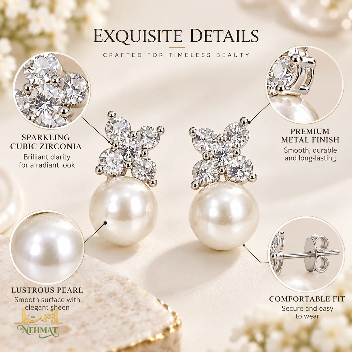 NEHMAT Crystal Floral Pearl Drop Earrings