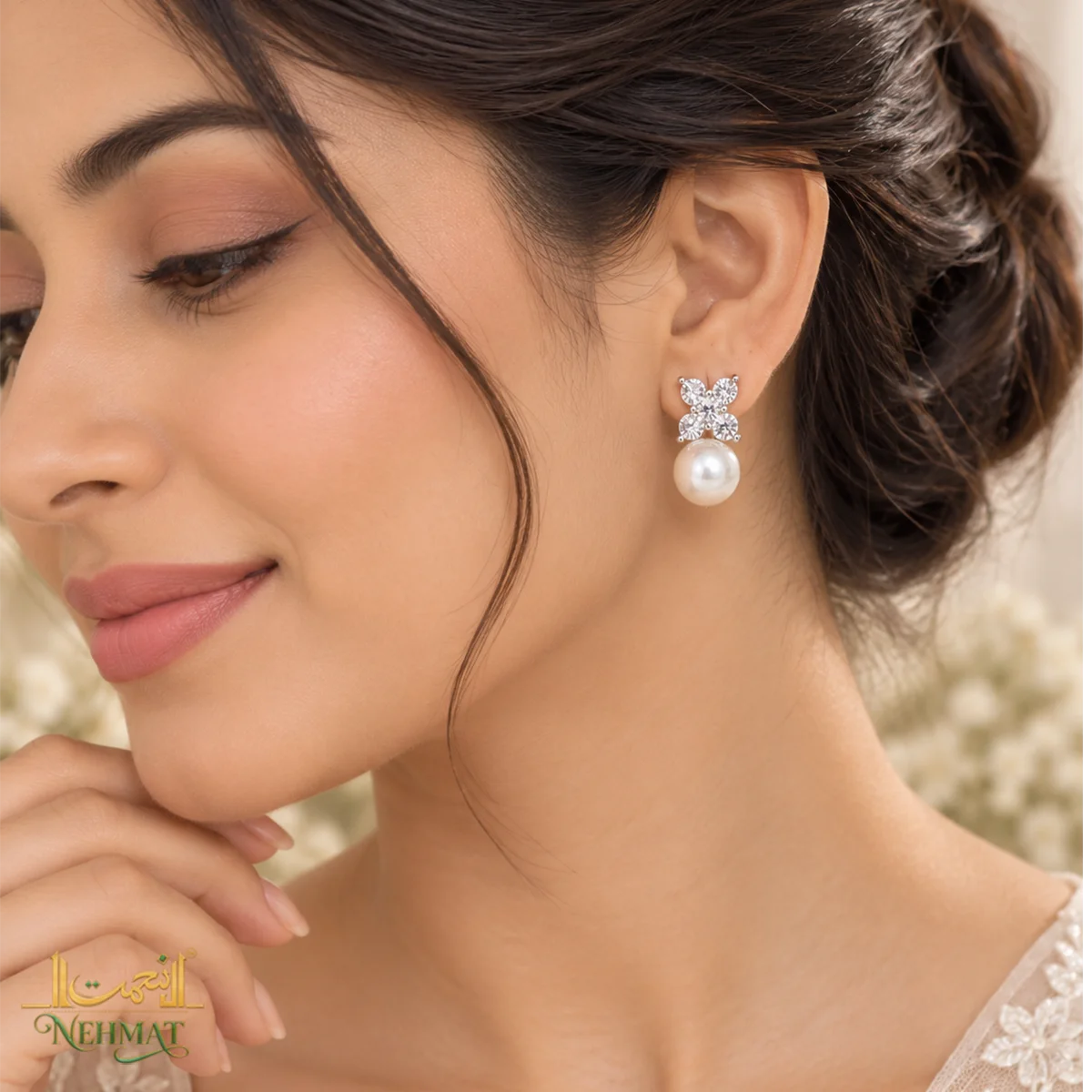 NEHMAT Crystal Floral Pearl Drop Earrings