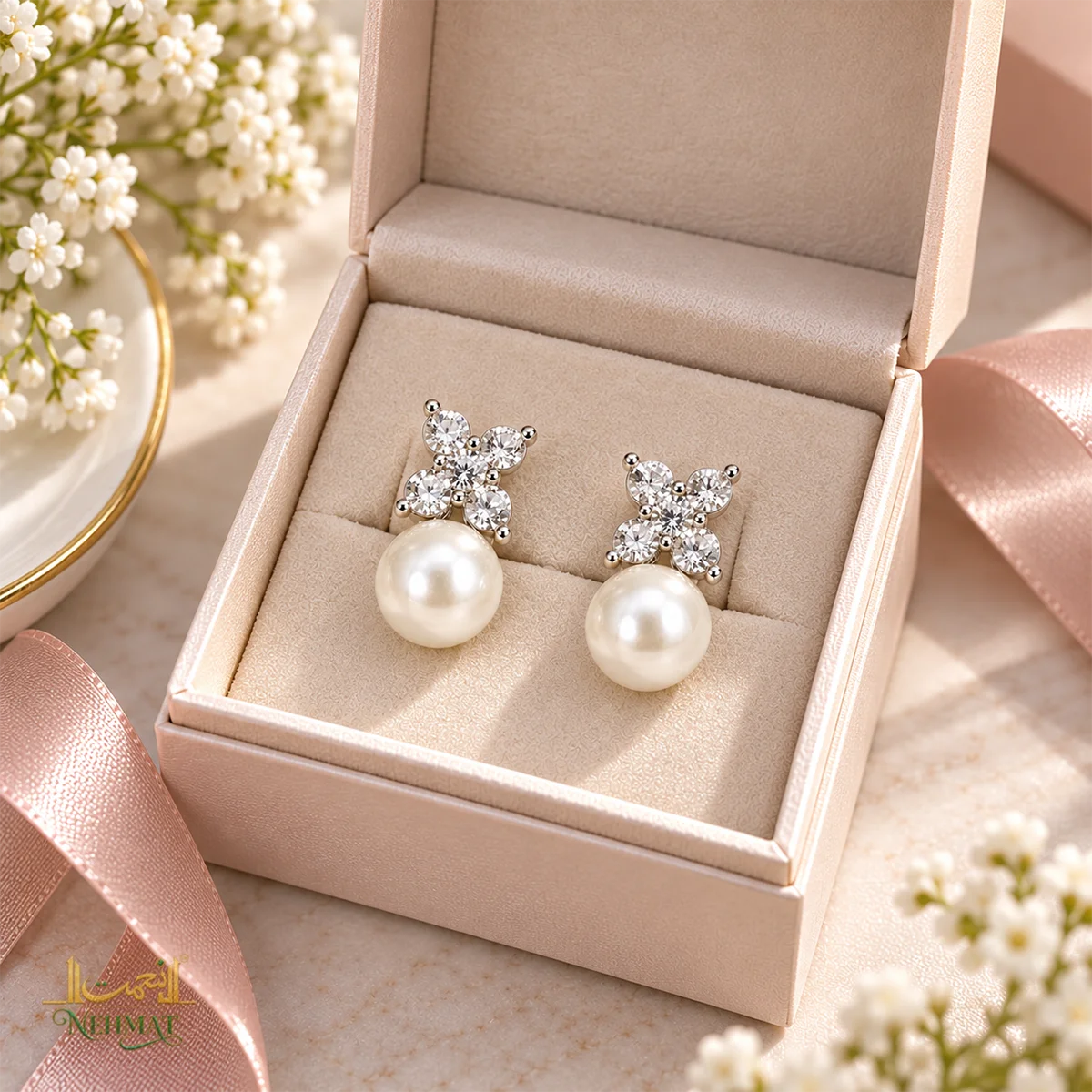NEHMAT Crystal Floral Pearl Drop Earrings