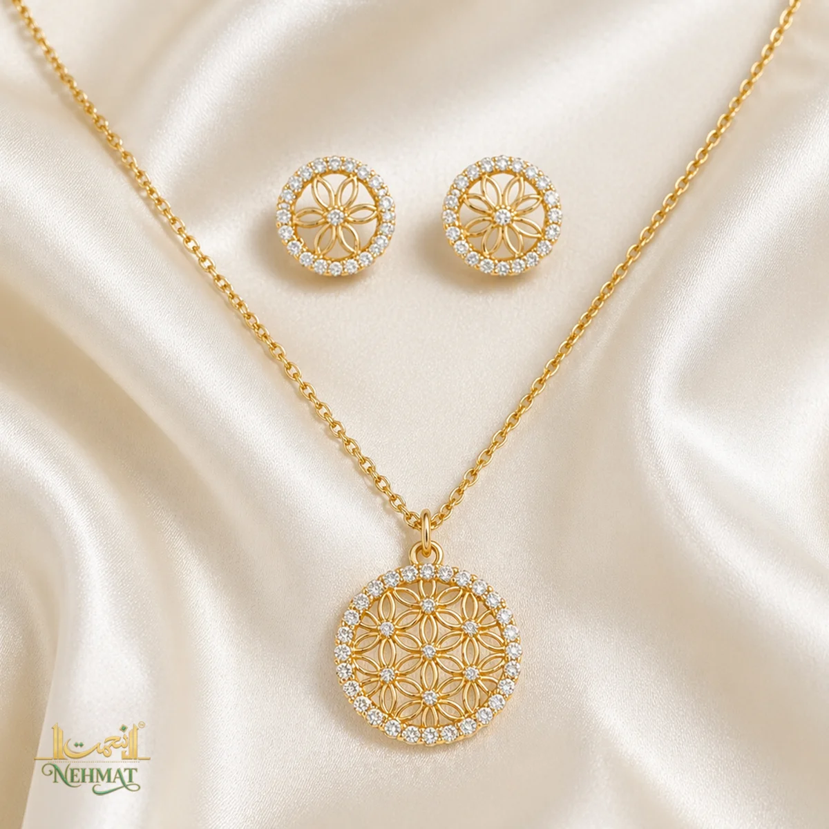 NEHMAT Floral Cubic Zirconia Necklace & Earrings Set – Gold Tone Jewellery
