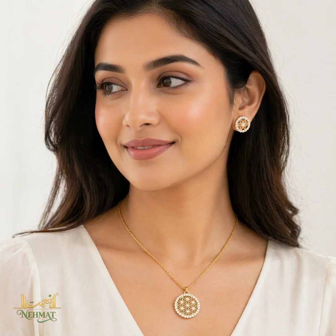 NEHMAT Floral Cubic Zirconia Necklace & Earrings Set – Gold Tone Jewellery