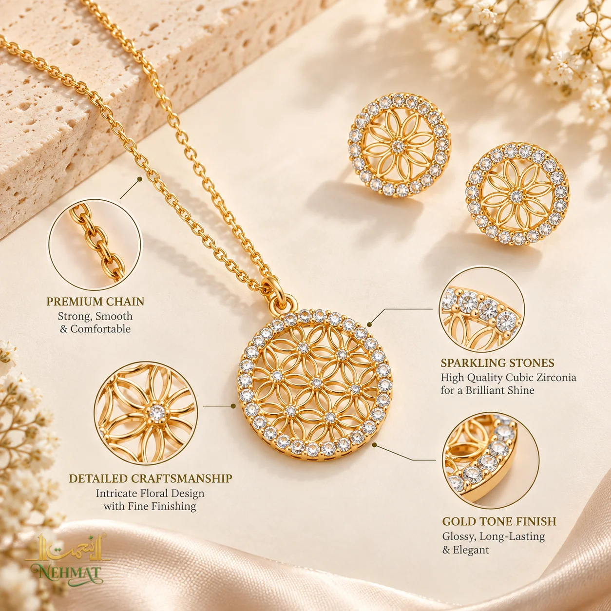 NEHMAT Floral Cubic Zirconia Necklace & Earrings Set – Gold Tone Jewellery