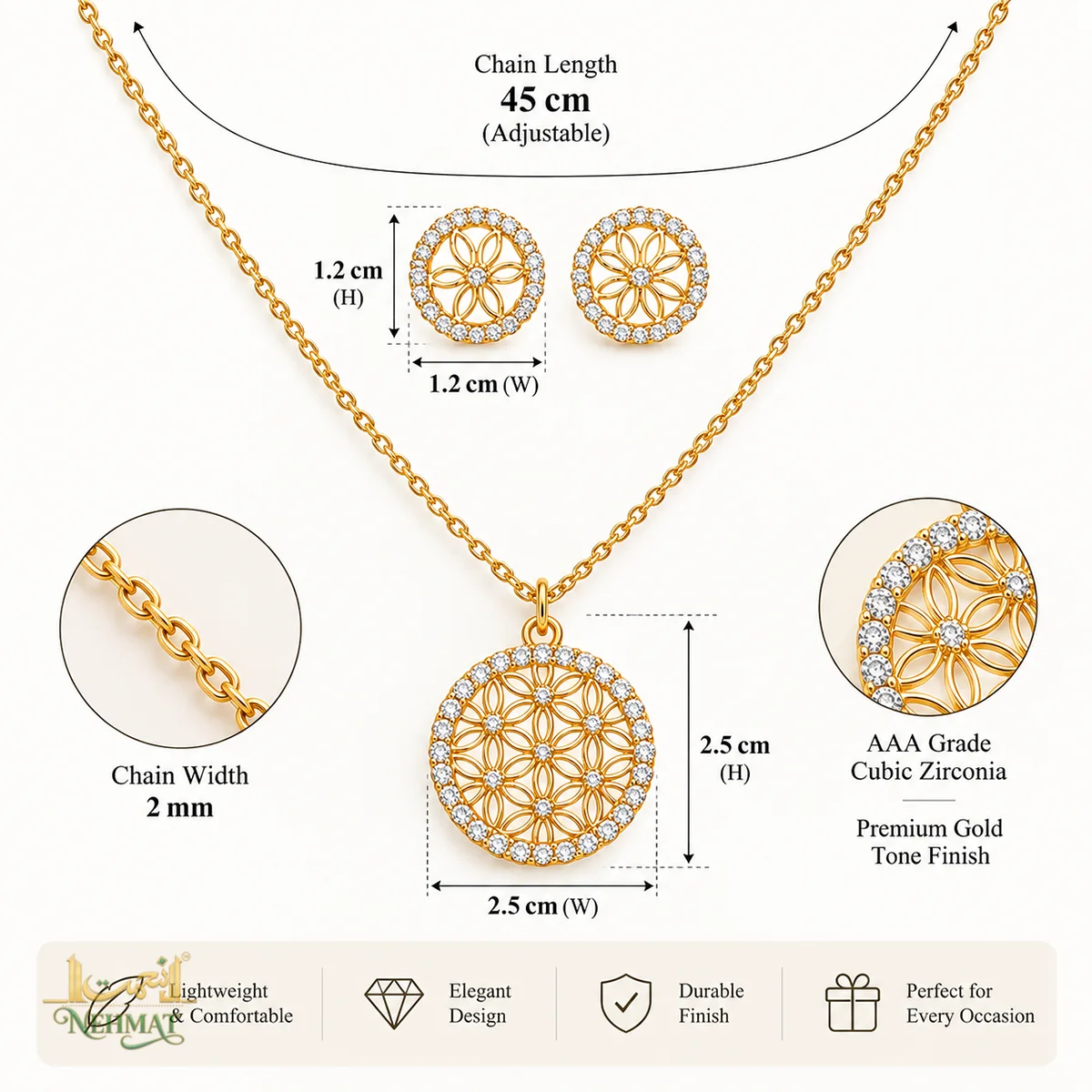 NEHMAT Floral Cubic Zirconia Necklace & Earrings Set – Gold Tone Jewellery
