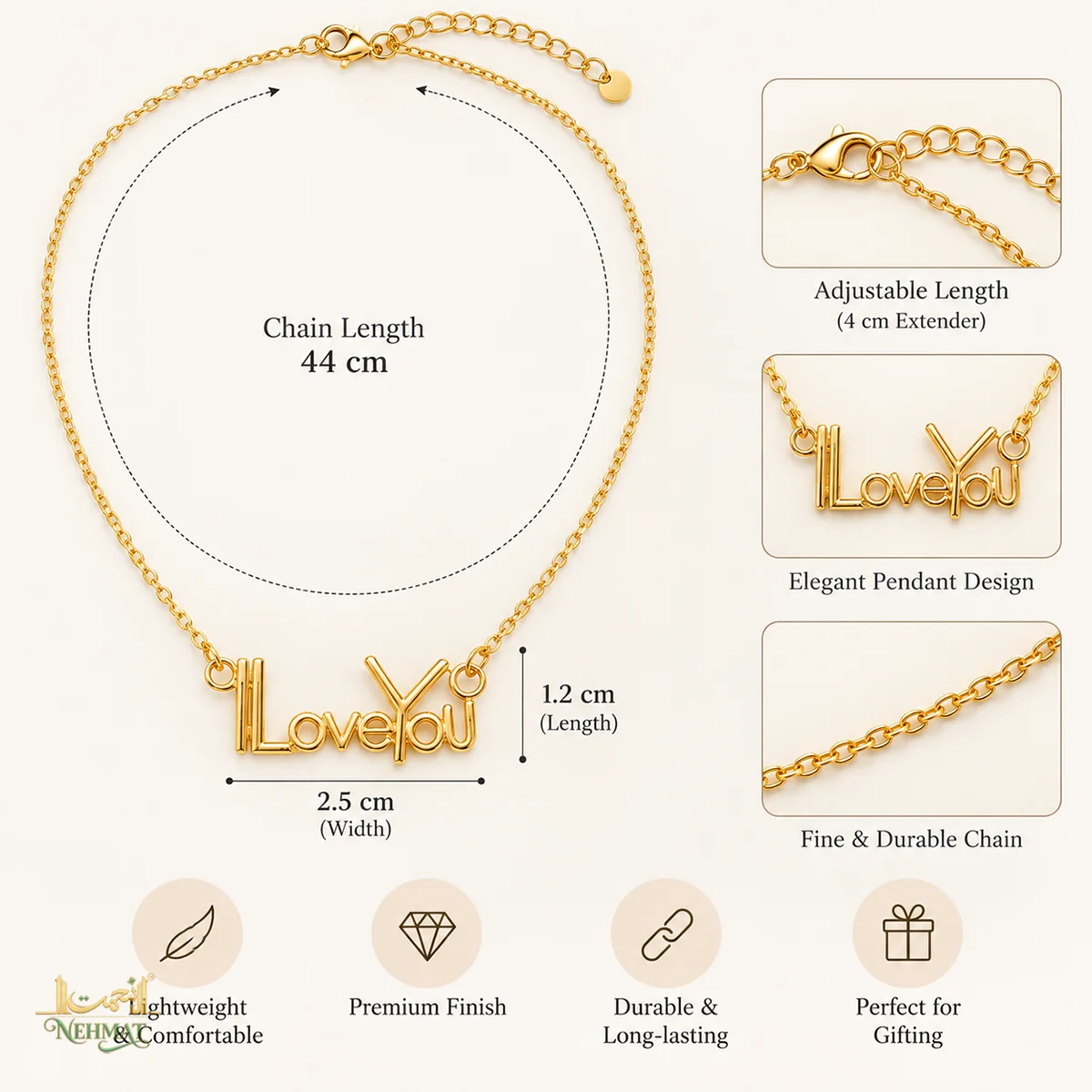 NEHMAT I Love You Gold Tone Pendant Necklace for Women