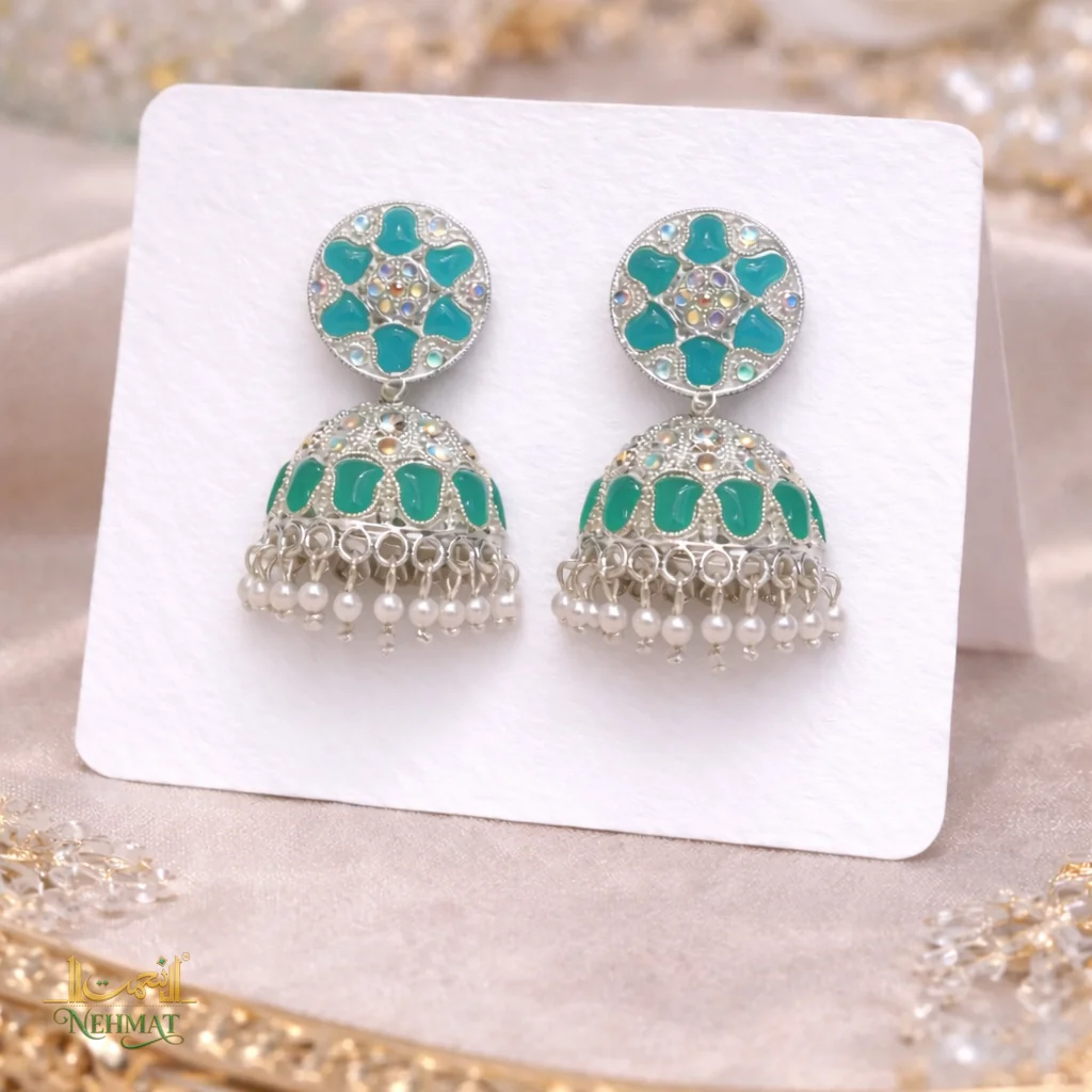 NEHMAT Blue Stone Pearl Jhumka Earrings for Women – Gold Finish