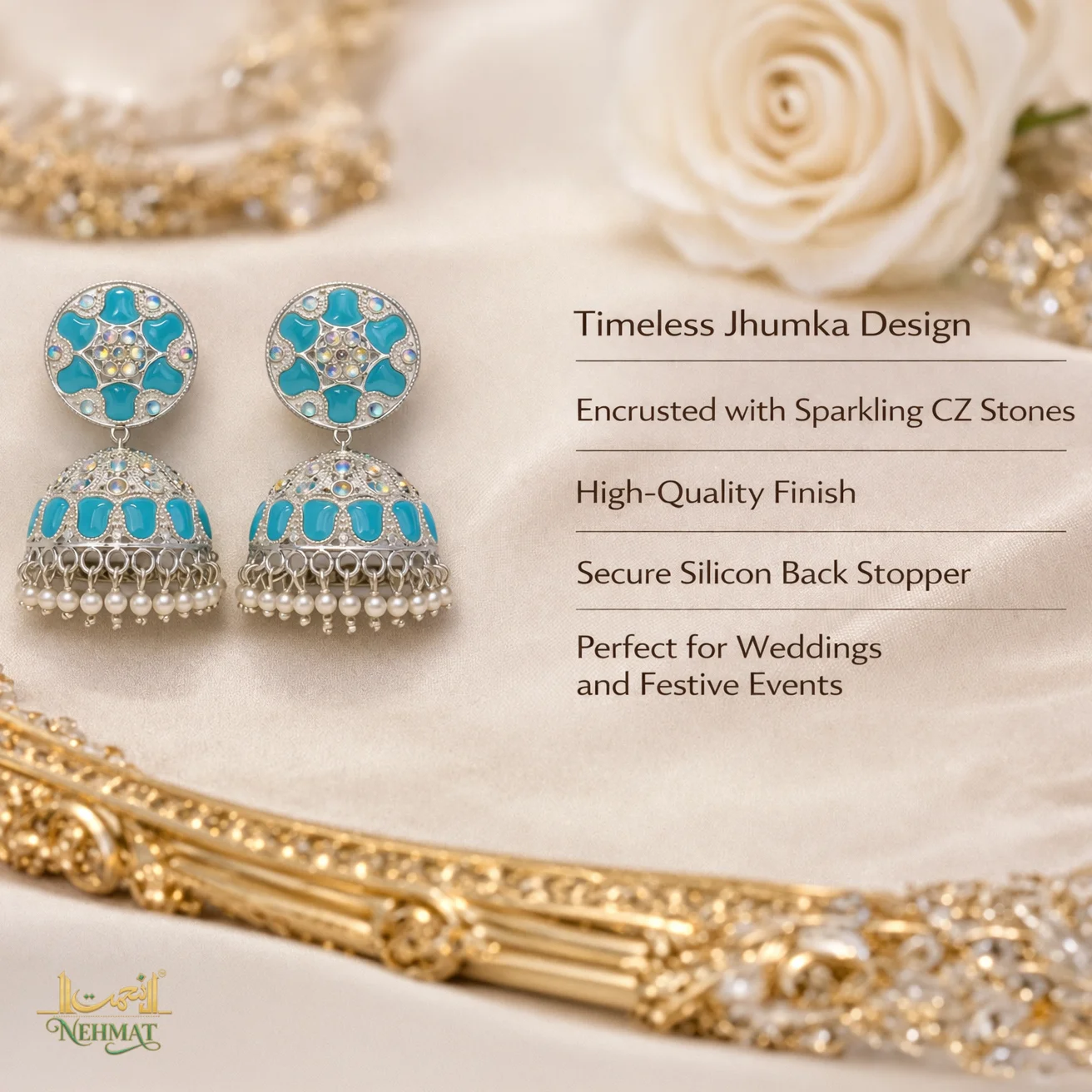NEHMAT Blue Stone Pearl Jhumka Earrings for Women – Gold Finish
