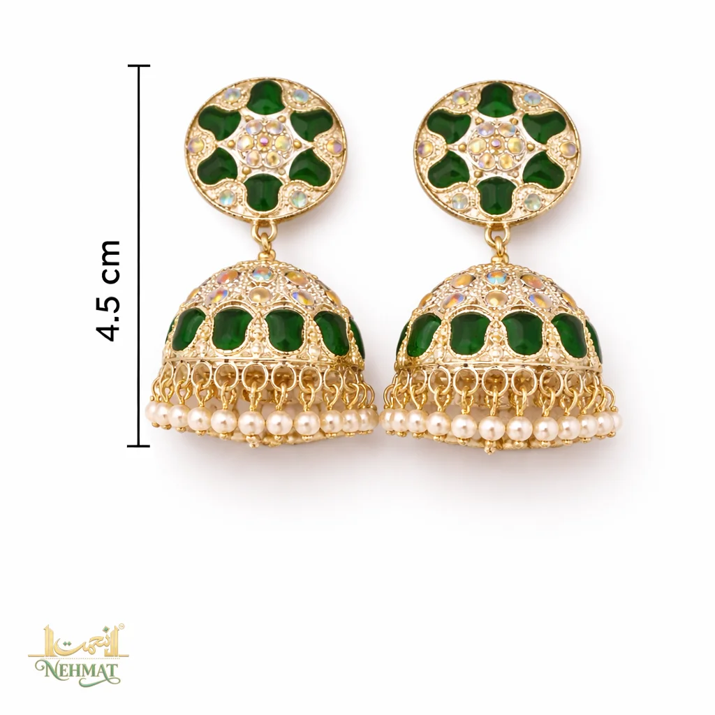 NEHMAT Green Stone Pearl Jhumka Earrings for Women – Gold Finish