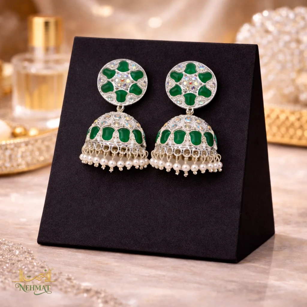 NEHMAT Green Stone Pearl Jhumka Earrings for Women – Gold Finish