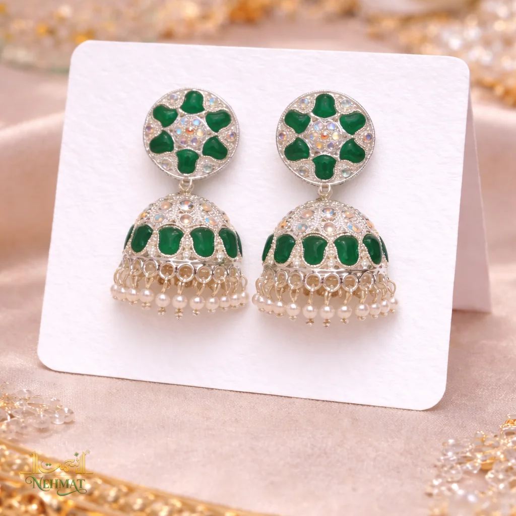 NEHMAT Green Stone Pearl Jhumka Earrings for Women – Gold Finish