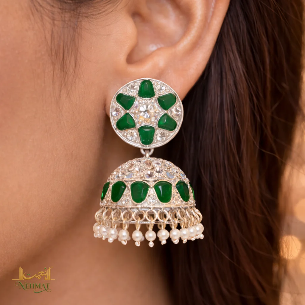 NEHMAT Green Stone Pearl Jhumka Earrings for Women – Gold Finish