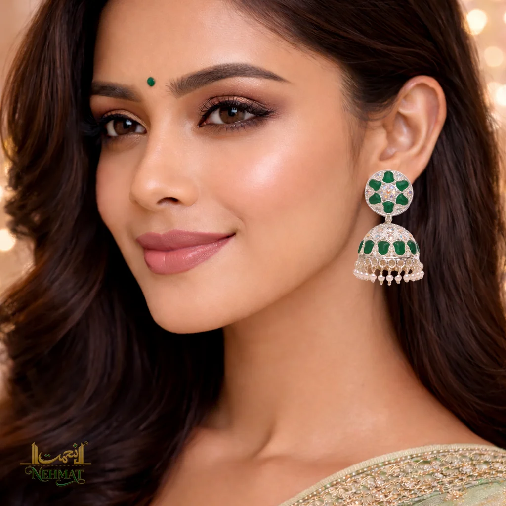 NEHMAT Green Stone Pearl Jhumka Earrings for Women – Gold Finish