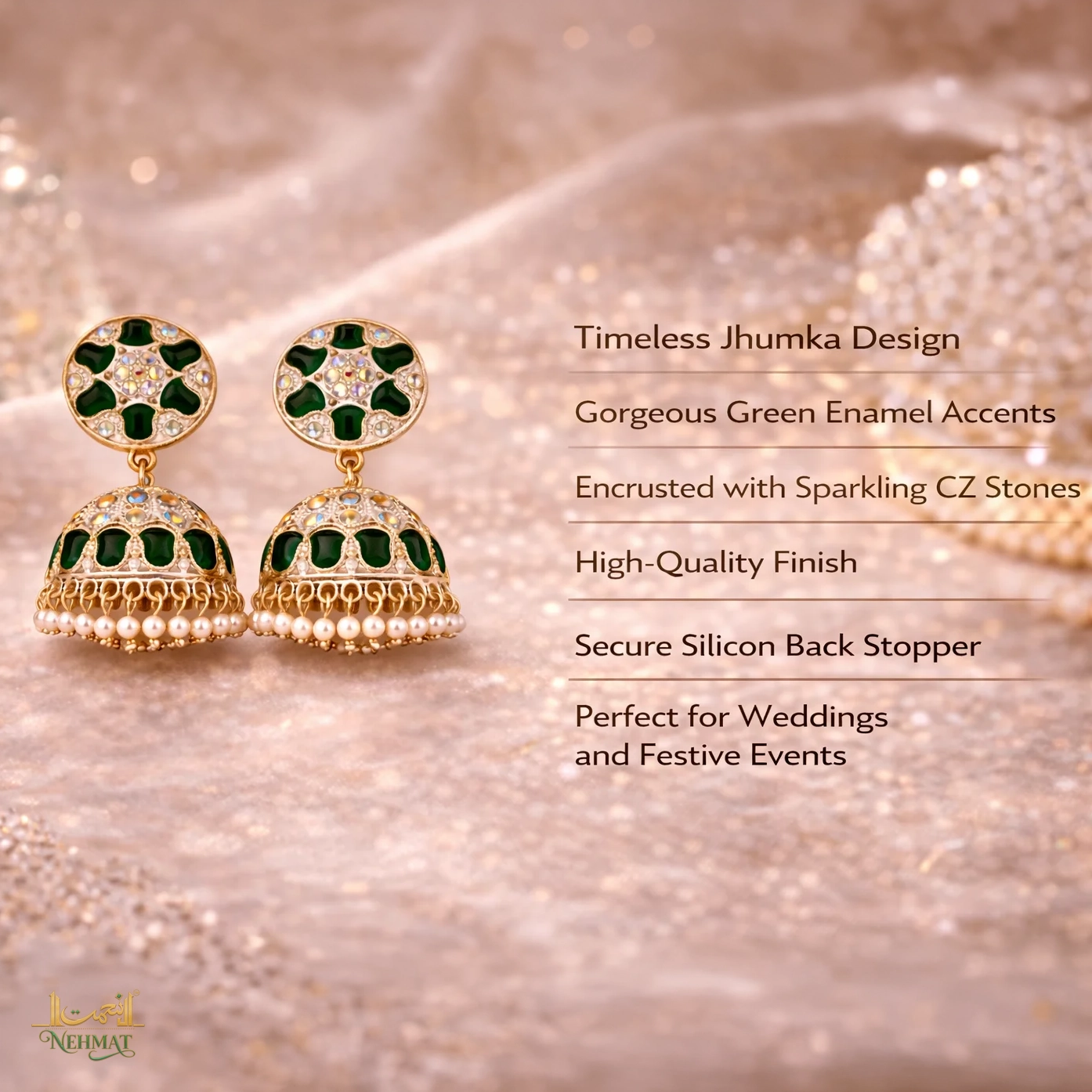 NEHMAT Green Stone Pearl Jhumka Earrings for Women – Gold Finish