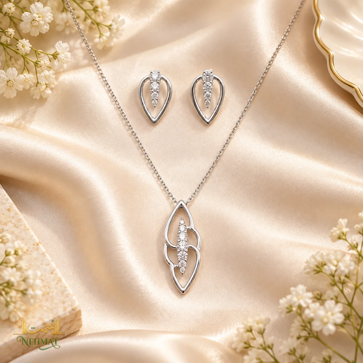 NEHMAT Silver Tone Pendant Necklace & Earrings Set for Women