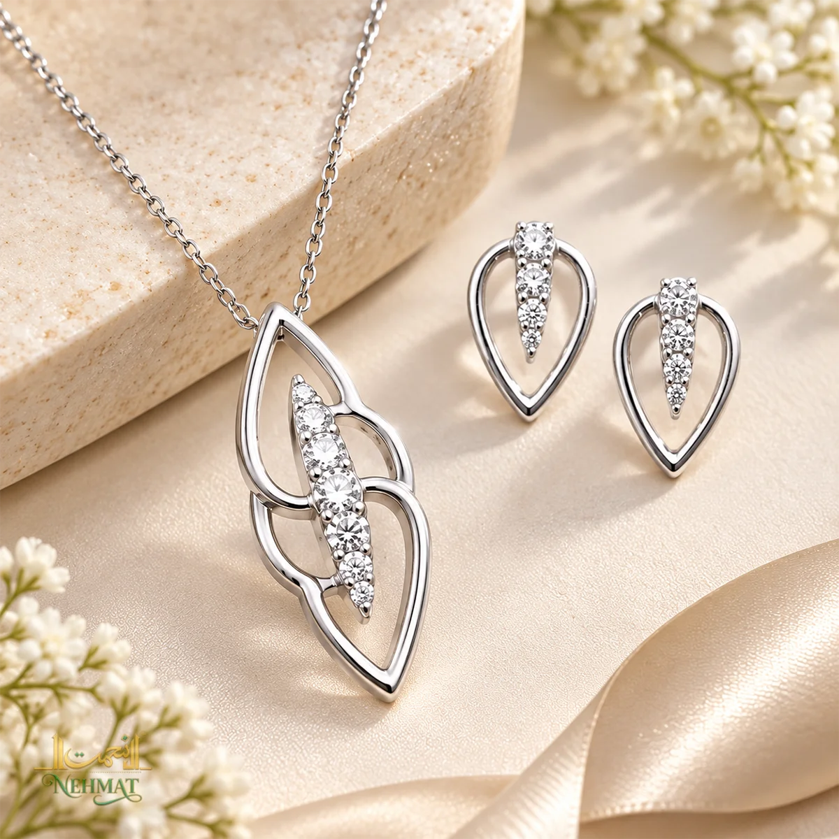 NEHMAT Silver Tone Pendant Necklace & Earrings Set for Women