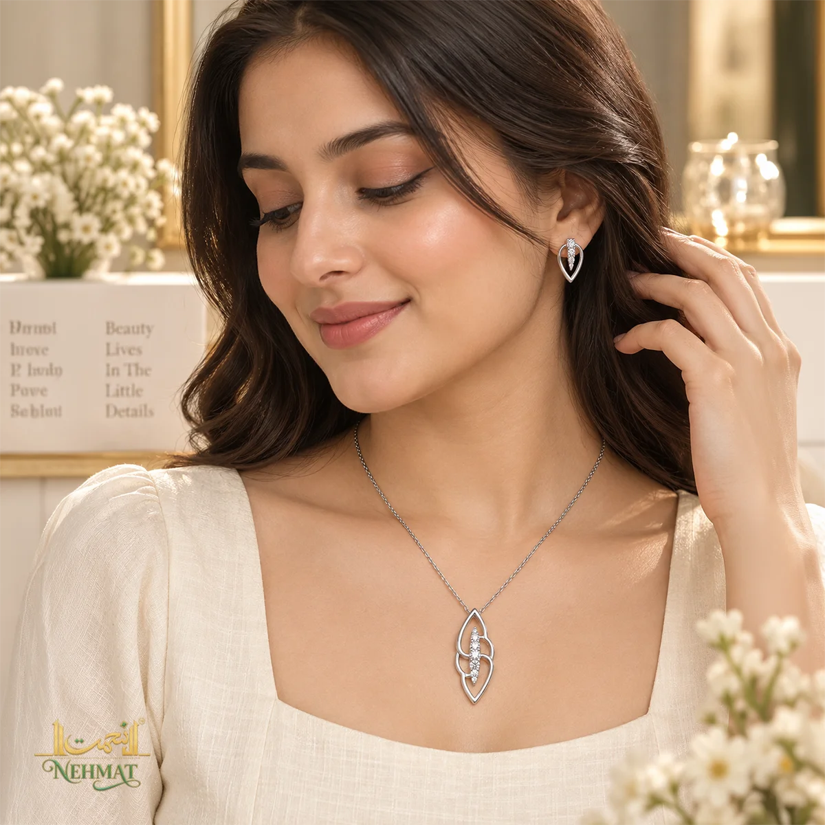 NEHMAT Silver Tone Pendant Necklace & Earrings Set for Women
