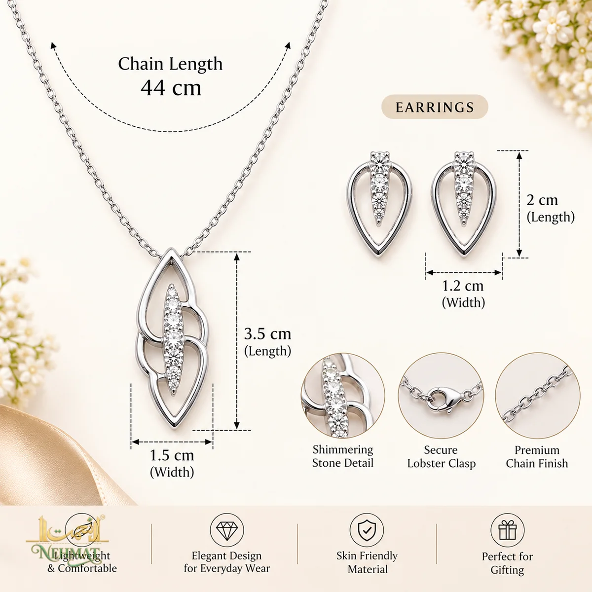 NEHMAT Silver Tone Pendant Necklace & Earrings Set for Women
