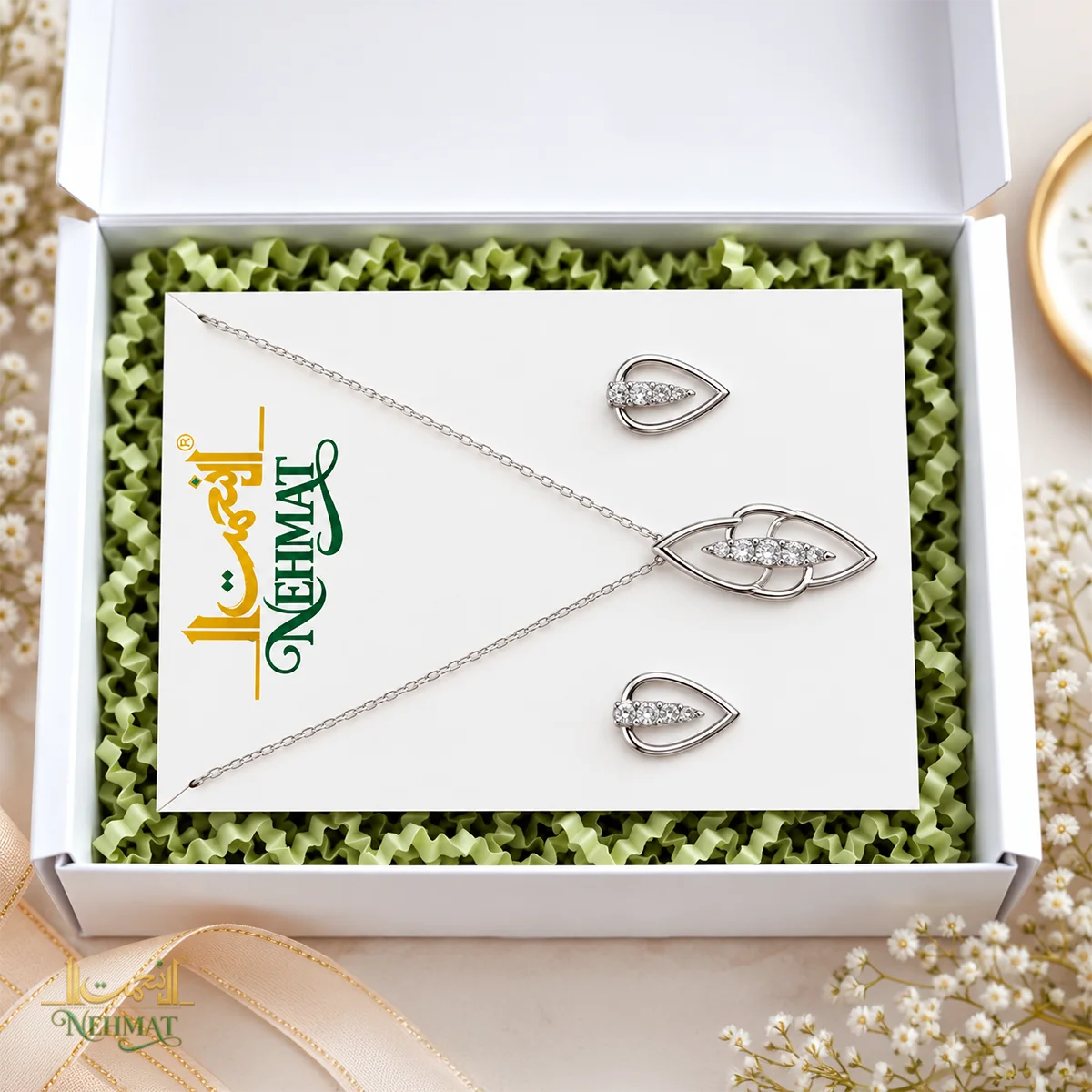 NEHMAT Silver Tone Pendant Necklace & Earrings Set for Women