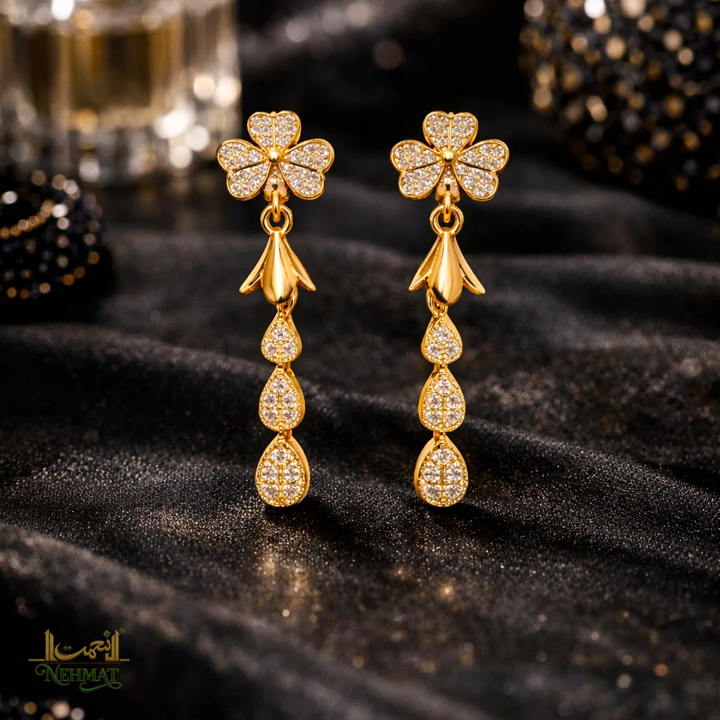 NEHMAT Floral Crystal Long Drop Earrings for Women – Gold Finish