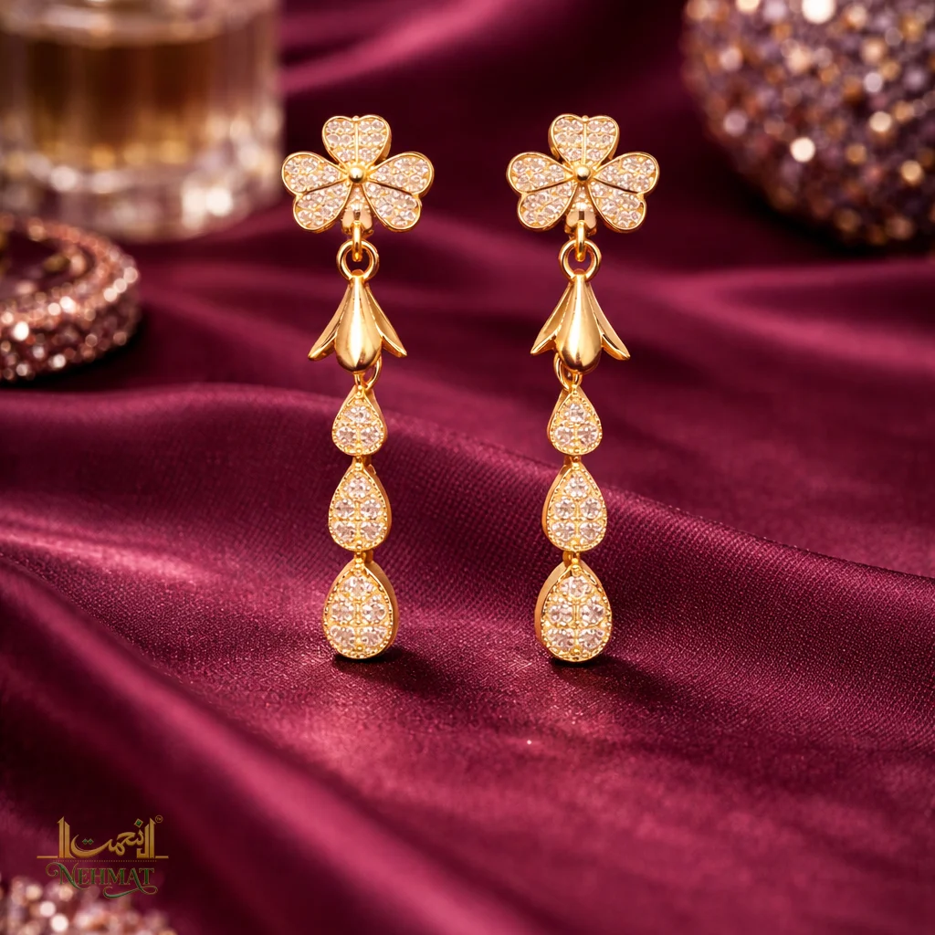NEHMAT Floral Crystal Long Drop Earrings for Women – Gold Finish