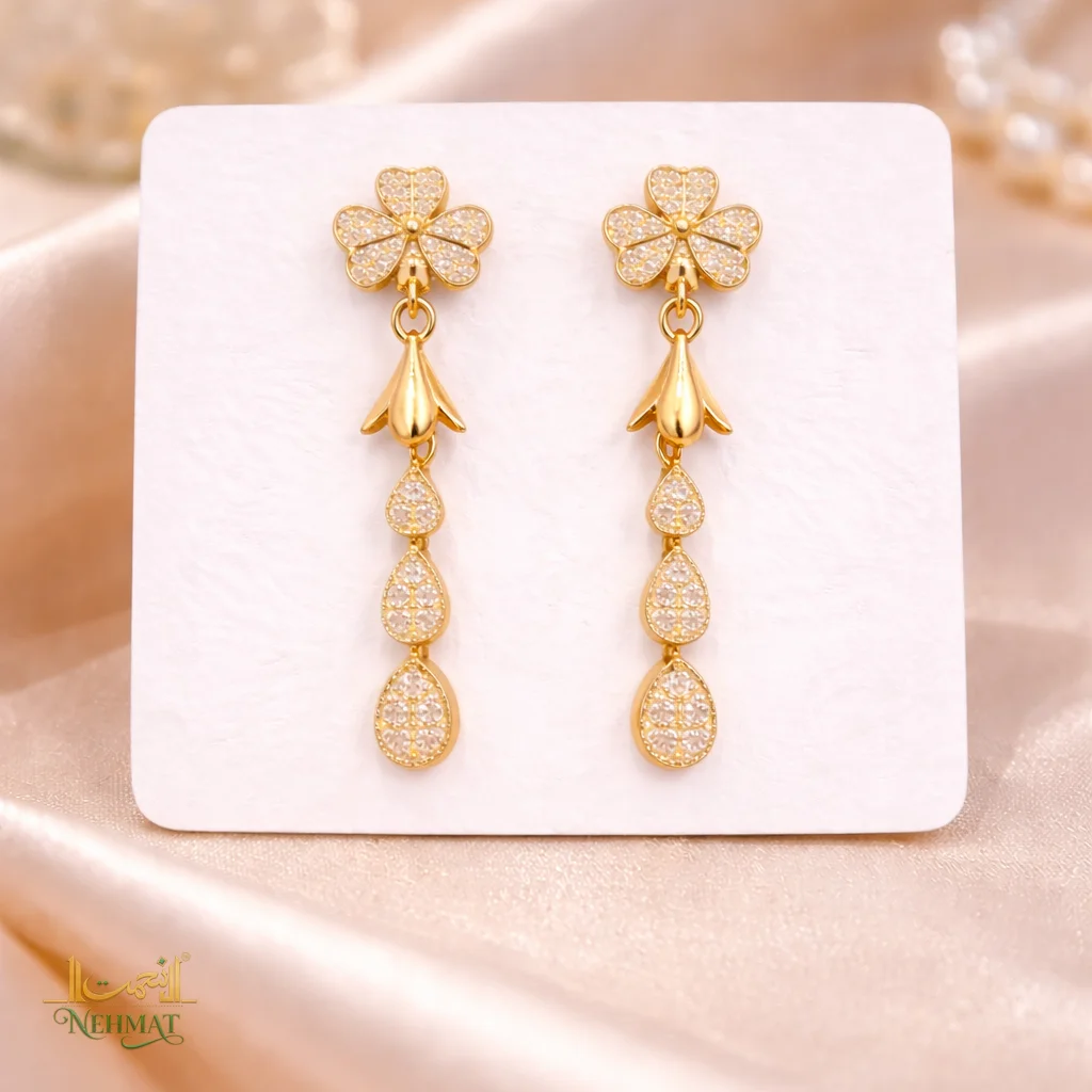 NEHMAT Floral Crystal Long Drop Earrings for Women – Gold Finish