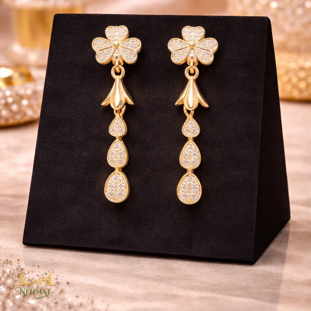 NEHMAT Floral Crystal Long Drop Earrings for Women – Gold Finish