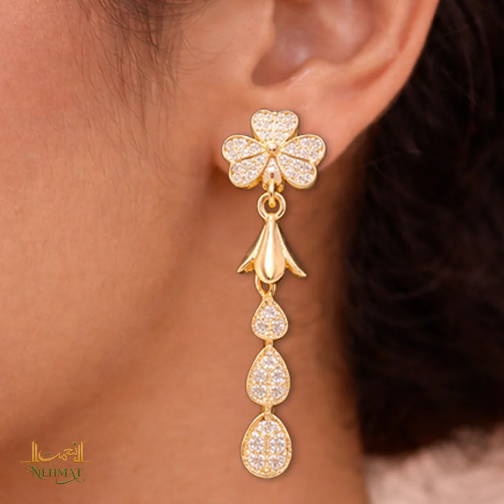 NEHMAT Floral Crystal Long Drop Earrings for Women – Gold Finish