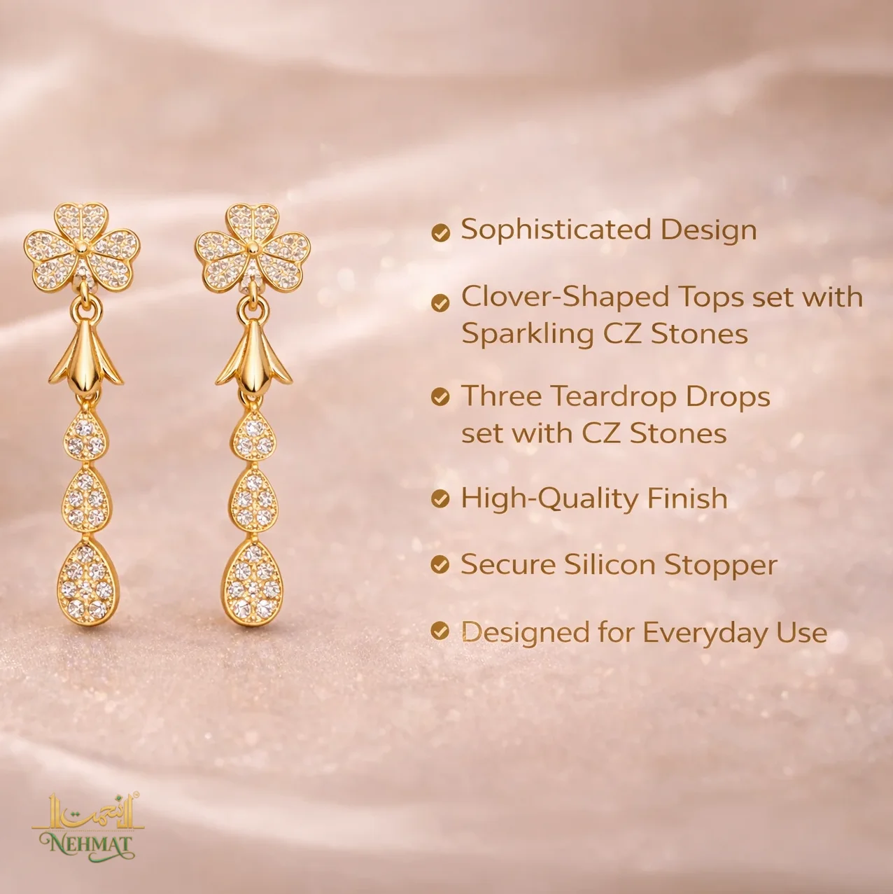 NEHMAT Floral Crystal Long Drop Earrings for Women – Gold Finish