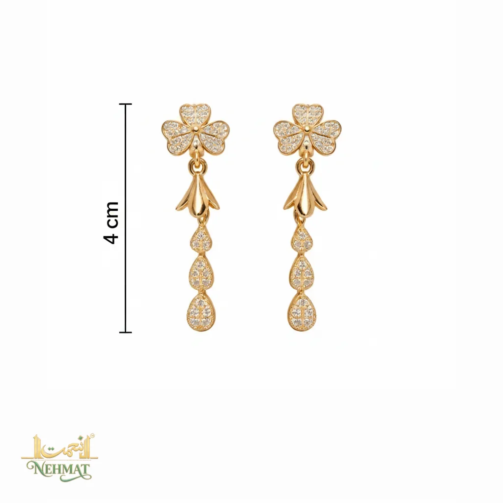 NEHMAT Floral Crystal Long Drop Earrings for Women – Gold Finish