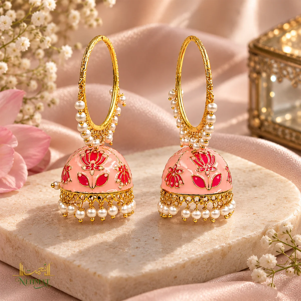 NEHMAT Pink Enamel Jhumka Earrings with Pearl Hangings