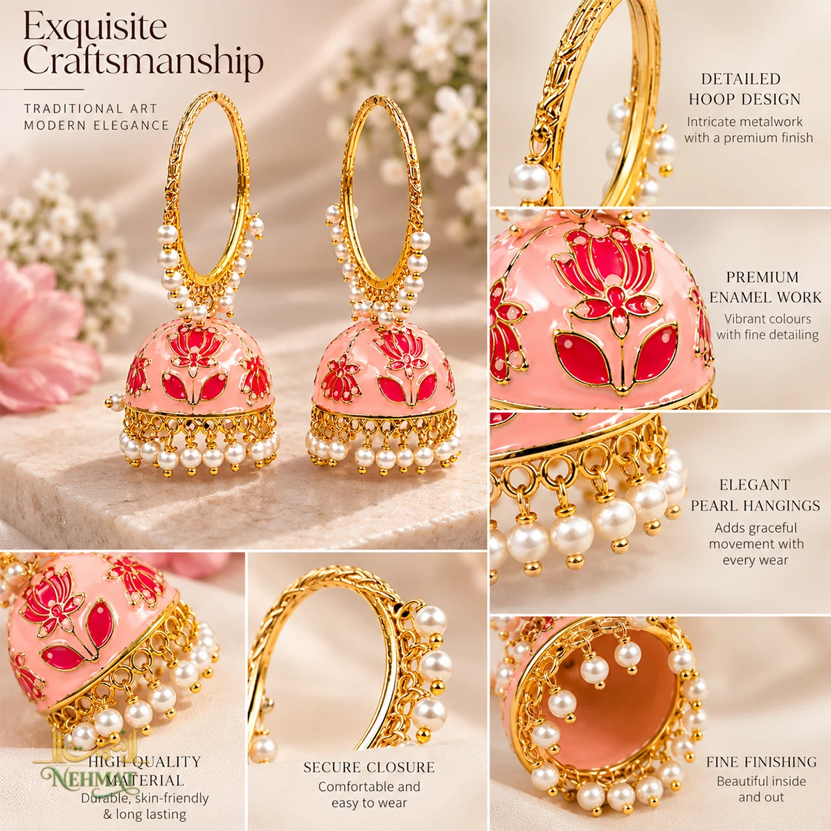 NEHMAT Pink Enamel Jhumka Earrings with Pearl Hangings