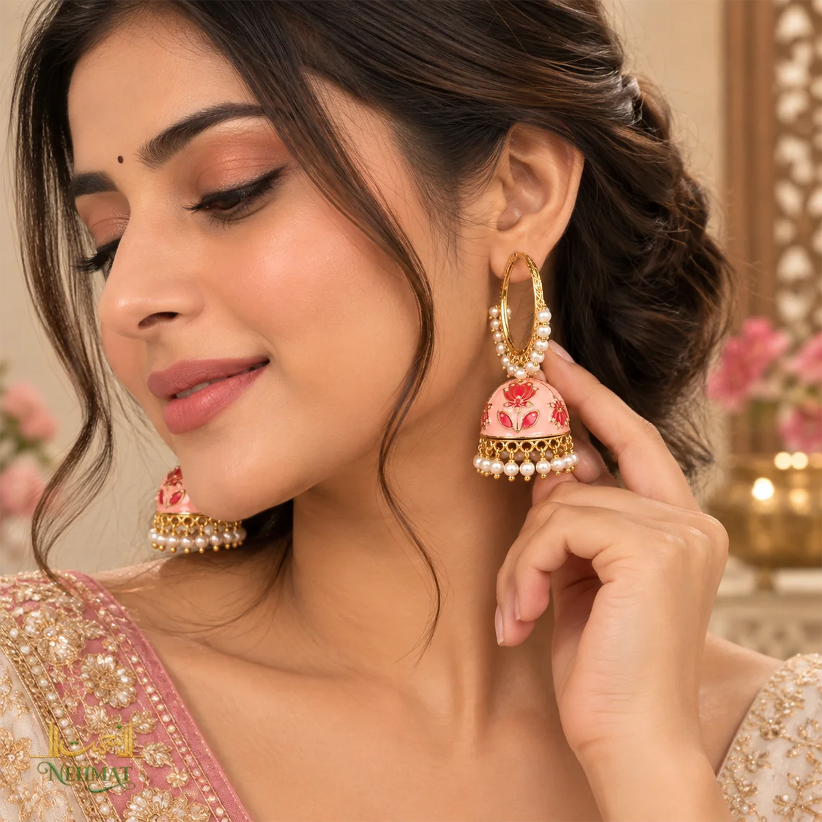 NEHMAT Pink Enamel Jhumka Earrings with Pearl Hangings