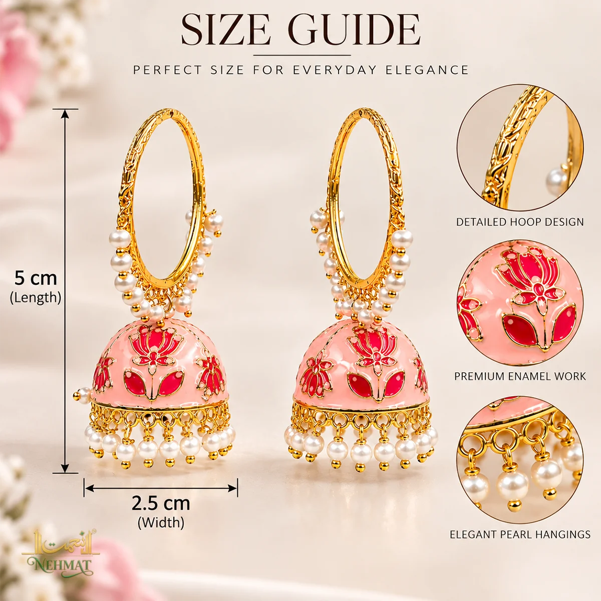 NEHMAT Pink Enamel Jhumka Earrings with Pearl Hangings