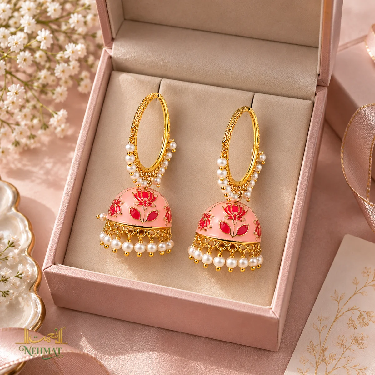 NEHMAT Pink Enamel Jhumka Earrings with Pearl Hangings