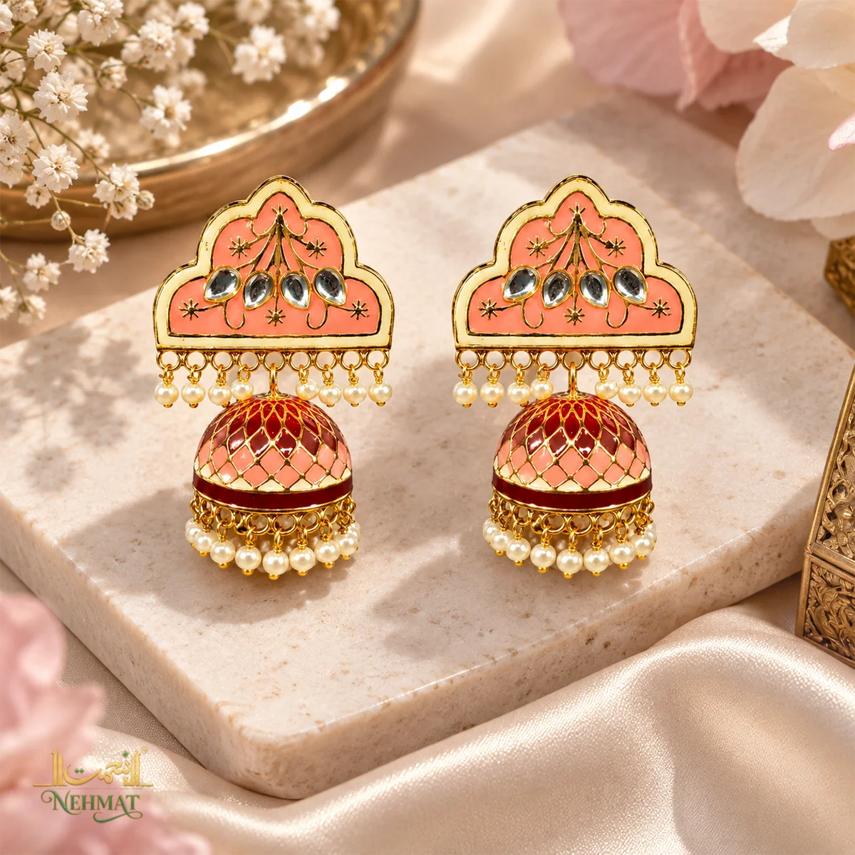 NEHMAT Pink Enamel Kundan Jhumka Earrings