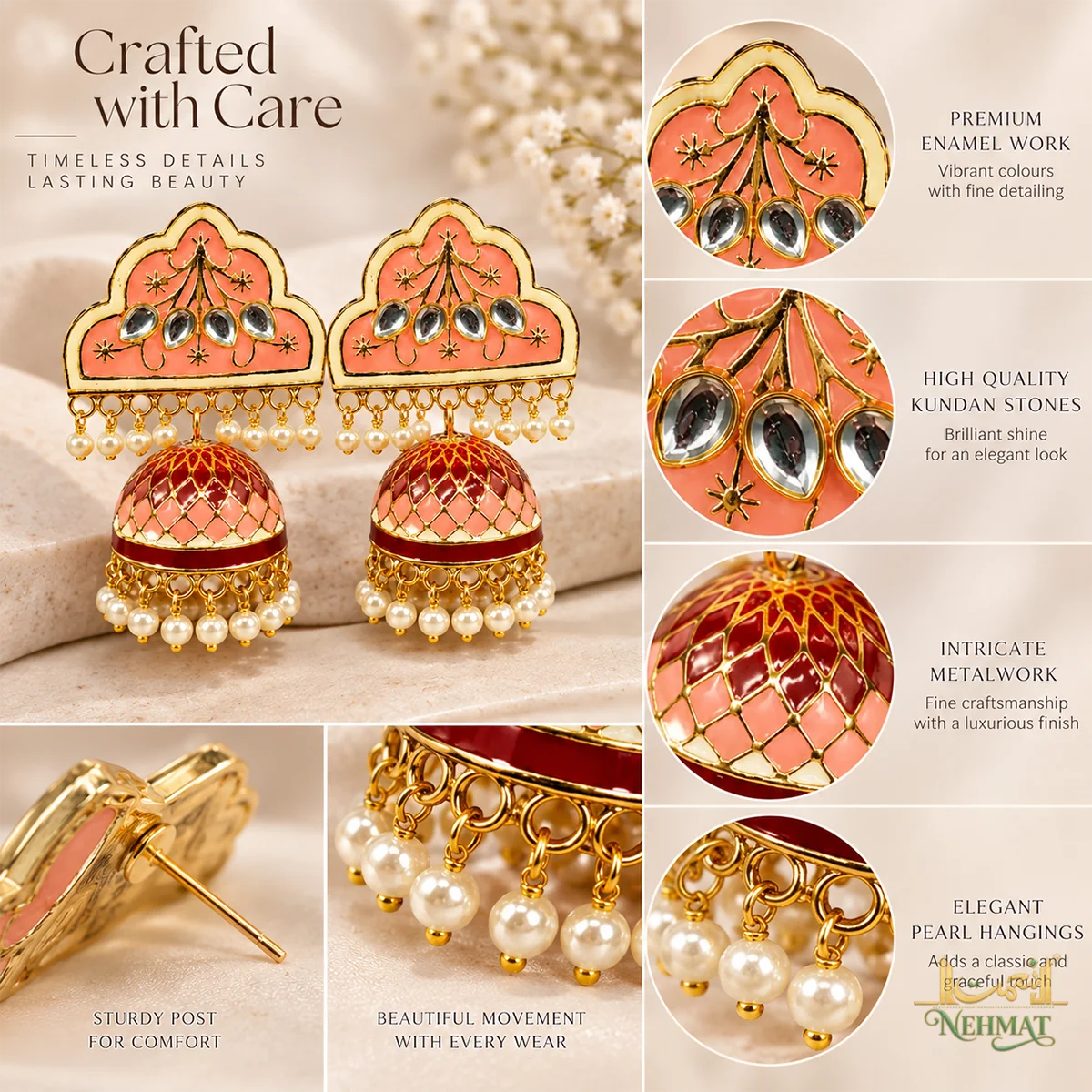 NEHMAT Pink Enamel Kundan Jhumka Earrings