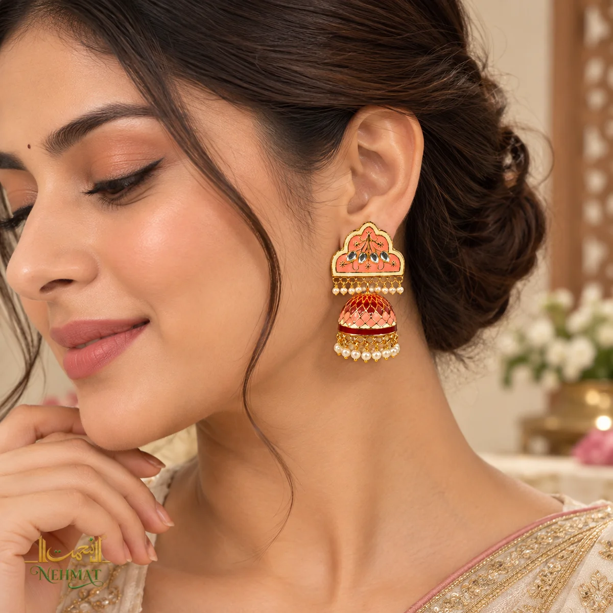 NEHMAT Pink Enamel Kundan Jhumka Earrings