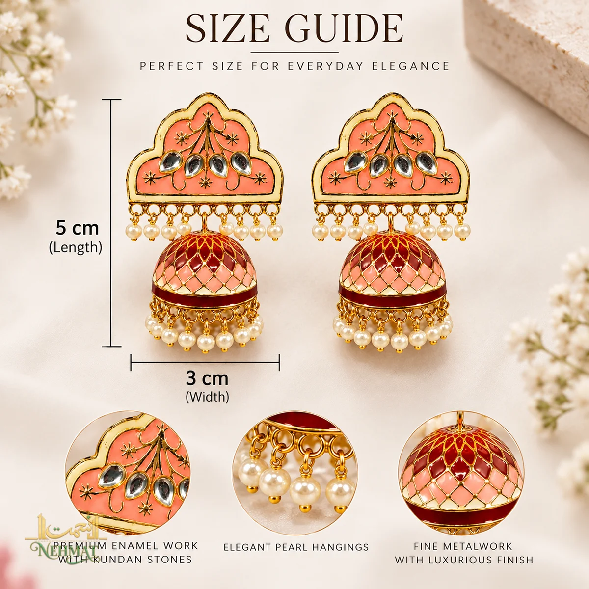 NEHMAT Pink Enamel Kundan Jhumka Earrings
