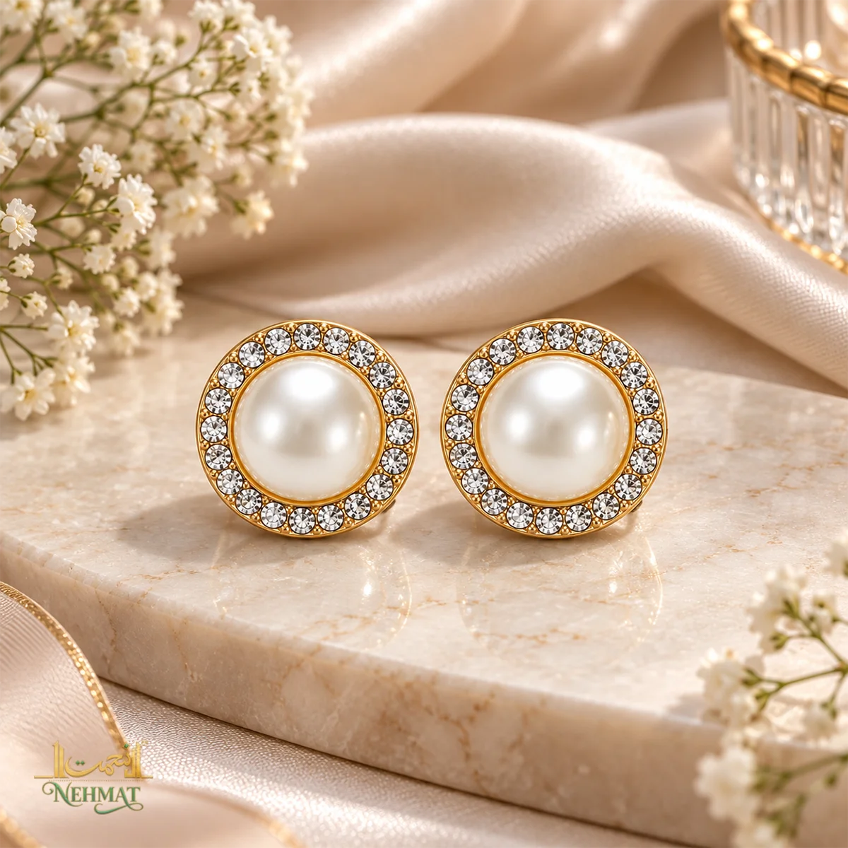 NEHMAT Round Pearl Stud Earrings with Crystal Border for Women