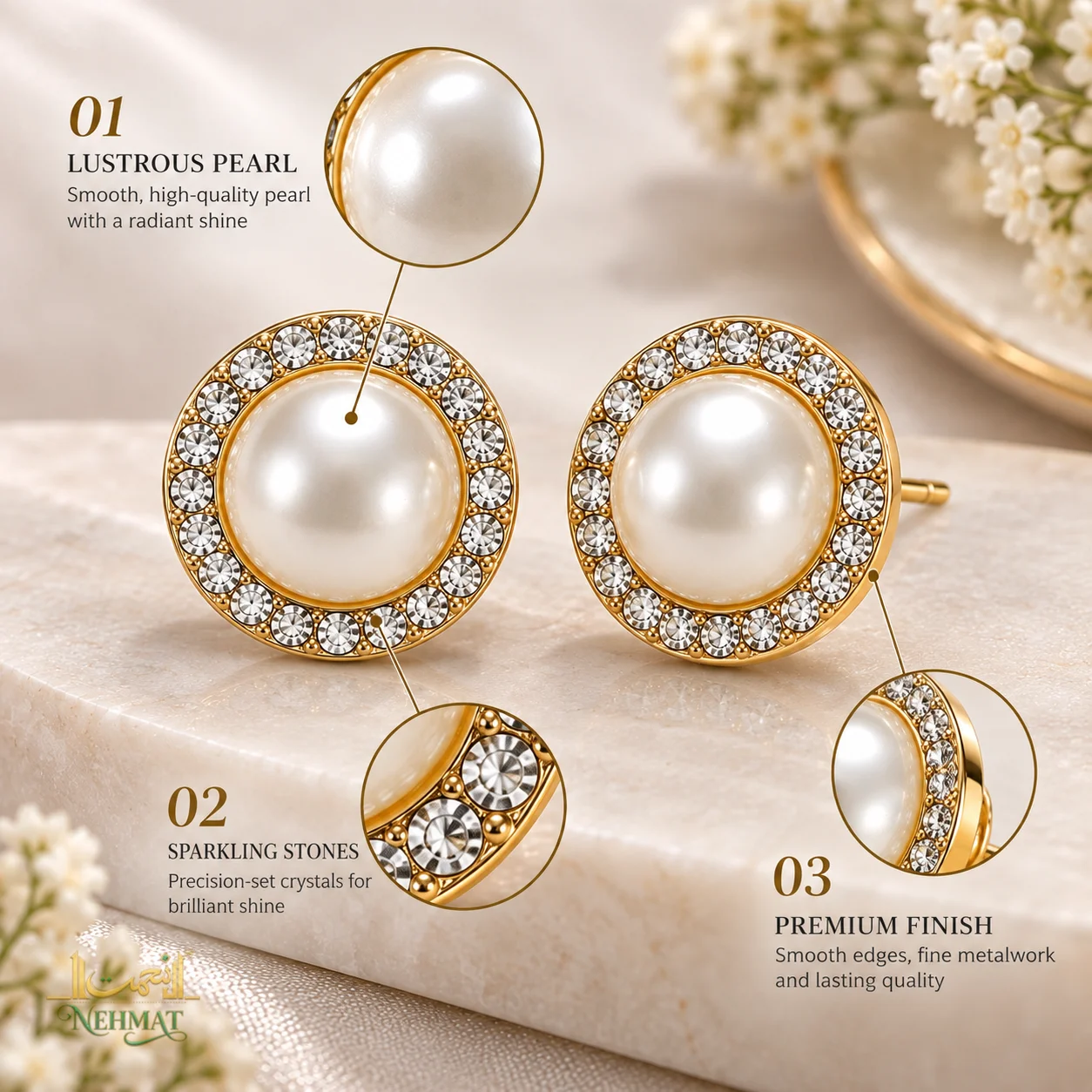 NEHMAT Round Pearl Stud Earrings with Crystal Border for Women