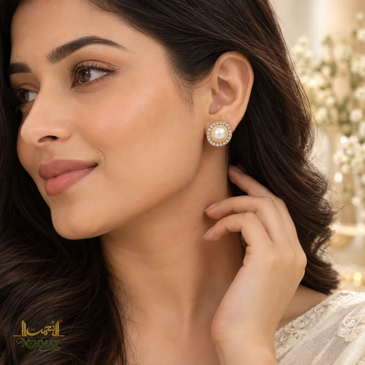 NEHMAT Round Pearl Stud Earrings with Crystal Border for Women