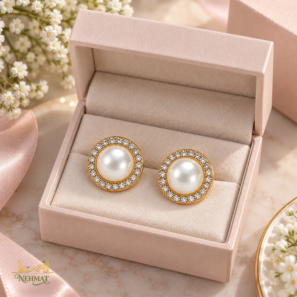 NEHMAT Round Pearl Stud Earrings with Crystal Border for Women
